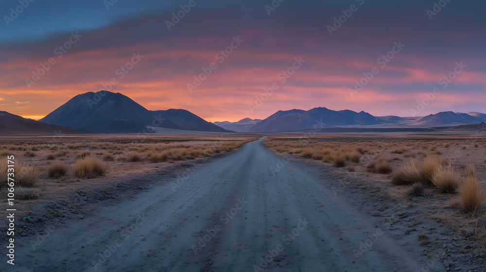 Naklejka premium Deserted asphalt road and mountain landscape at dawn