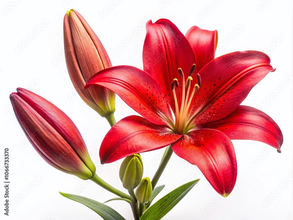 Stunning Red Lily Flower with Bud Isolated on White Background for Floral Art and Nature Photography Stunning Red Lily Flower with Bud Isolated on White Background for Floral Art and Nature Photography