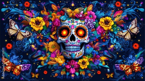 Vibrant sugar skull surrounded by colorful flowers and butterflies, glowing eyes, intricate patterns, celebrating Día de Muertos in a whimsical, festive style.