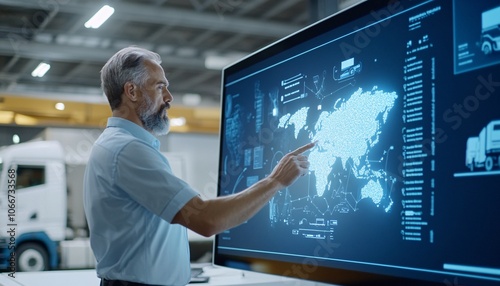 A man interacts with a high-tech display, analyzing data and logistics on a world map, set in an industrial environment with vehicles in the background.