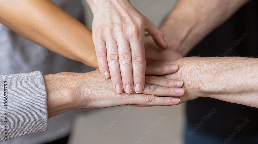Diverse volunteers joining hands in unity Diverse volunteers joining hands in unity