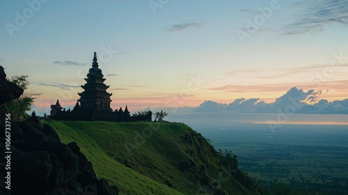 Silhouette of an ancient temple on a hilltop at sunrise.