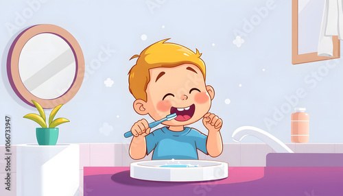 Kid Brushing Teeth In Morning isolated with white shades, png photo