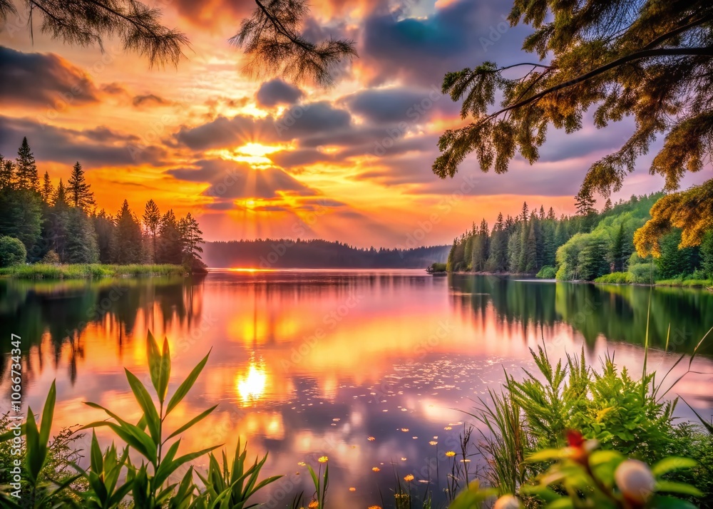 Stunning Sunrise Over a Serene Lake in Northern America Surrounded by Lush Forest - Ideal Vacation Spot for Relaxation and Fishing in Canadian Nature Stunning Sunrise Over a Serene Lake in Northern America Surrounded by Lush Forest - Ideal Vacation Spot for Relaxation and Fishing in Canadian Nature