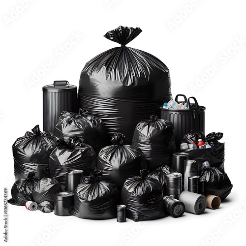 Heap of Black Garbage Bags With Various Trash Containers. generator AI