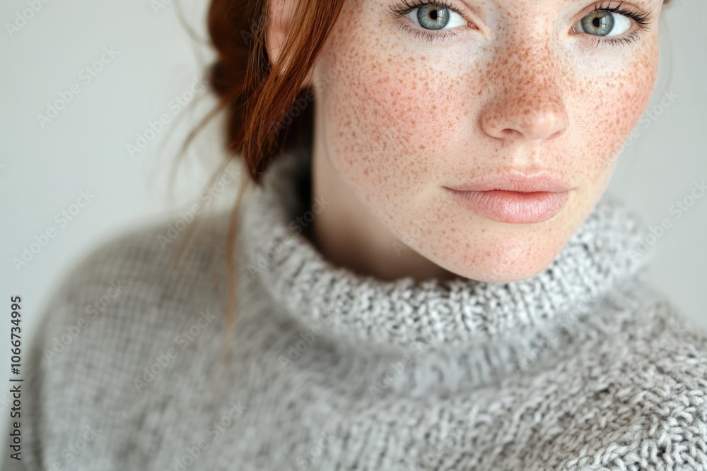 Close-up portrait of a woman with distinctive freckles on her face, suitable for use in beauty, lifestyle, and health-related contexts Close-up portrait of a woman with distinctive freckles on her face, suitable for use in beauty, lifestyle, and health-related contexts