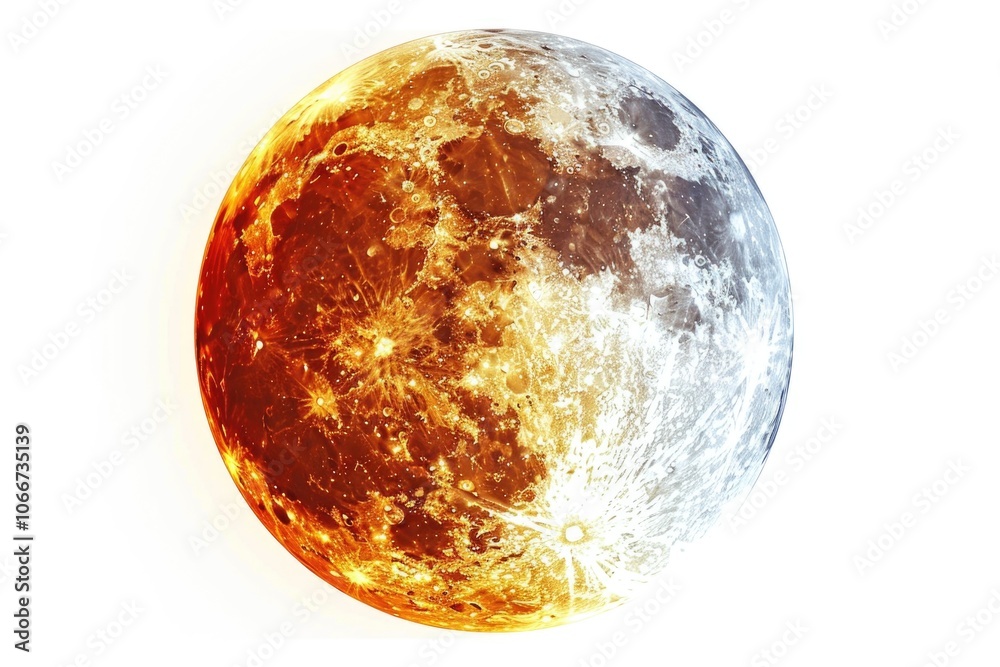 A close-up view of the moon against a white background, ideal for use in designs where a simple and elegant lunar image is needed A close-up view of the moon against a white background, ideal for use in designs where a simple and elegant lunar image is needed