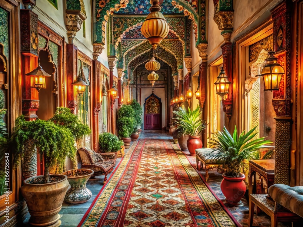 Obraz premium Stunning Vintage Style Photography of an Exotic Indian Hallway with Ornate Architecture, Rich Textiles, and Warm Lighting for Interior Design Inspiration