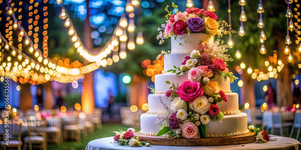 Naklejka premium Stunning Wedding Cake Display at Elegant Event with Floral Accents, Tiered Design, and Romantic Atmosphere for Celebrations and Reception Photography
