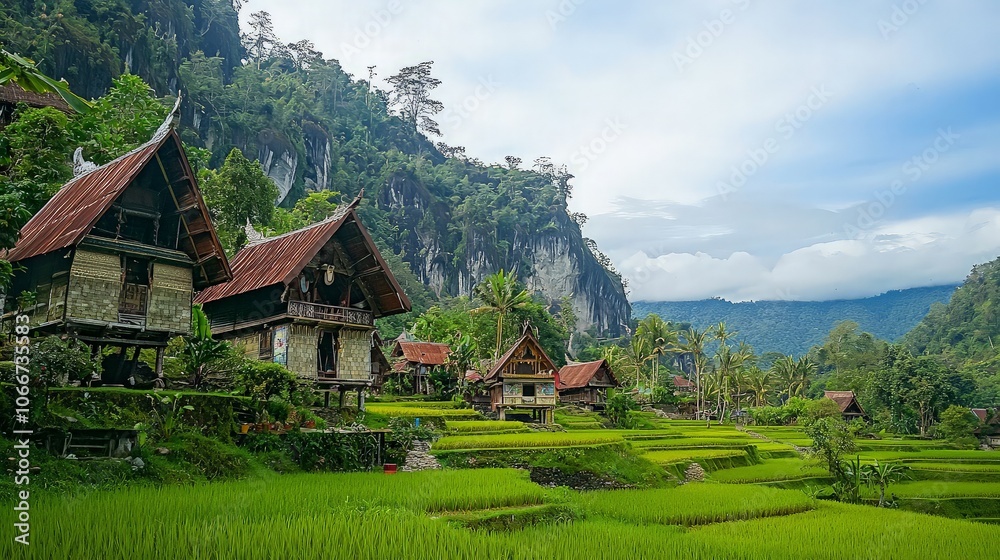 Traditional wooden houses on a hillside with lush green rice paddies. Traditional wooden houses on a hillside with lush green rice paddies.