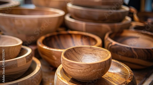 A woodworkers booth is filled with handcarved wooden bowls ss and other kitchenware beautifully showcasing the natural woodgrain and craftsmanship. photo