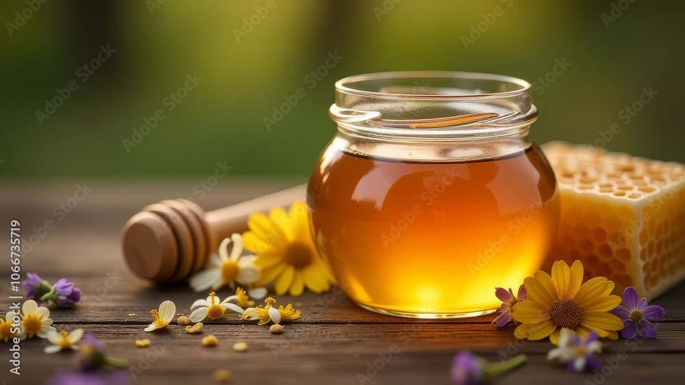A jar of honey is sitting on a wooden table with a spoon and a piece of cheese A jar of honey is sitting on a wooden table with a spoon and a piece of cheese