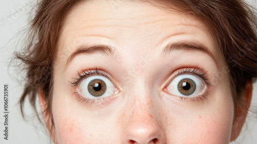 A surprised woman with wide eyes, showcasing emotions of shock or amazement against a plain background.