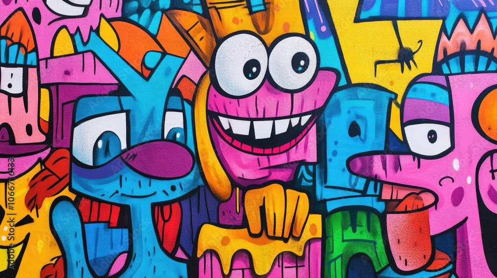 Vibrant Graffiti Art Background with Colorful Cartoon Characters and Expressive Faces Vibrant Graffiti Art Background with Colorful Cartoon Characters and Expressive Faces