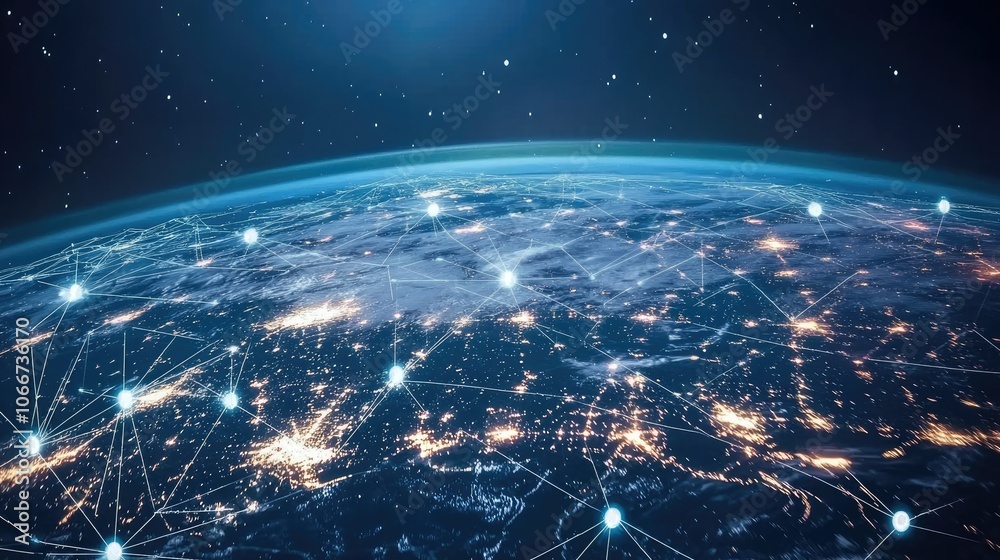 Obraz premium Digital Network Connection Over Earth from Space