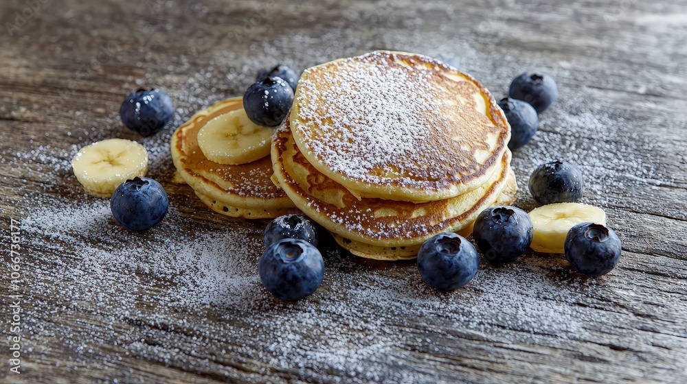 Two pancakes with powdered sugar, banana slices, and blueberries on a rustic wooden background. Two pancakes with powdered sugar, banana slices, and blueberries on a rustic wooden background.