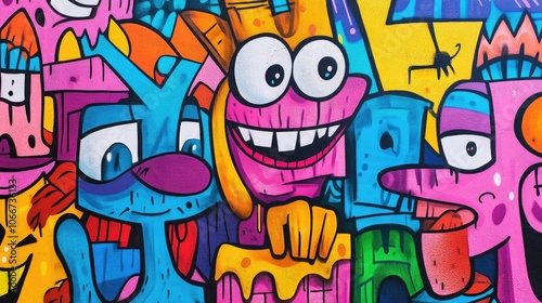 Vibrant Graffiti Art Background with Colorful Cartoon Characters and Expressive Faces