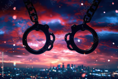 A pair of handcuffs hangs against a dramatic sunset skyline, symbolizing themes of confinement and freedom. photo