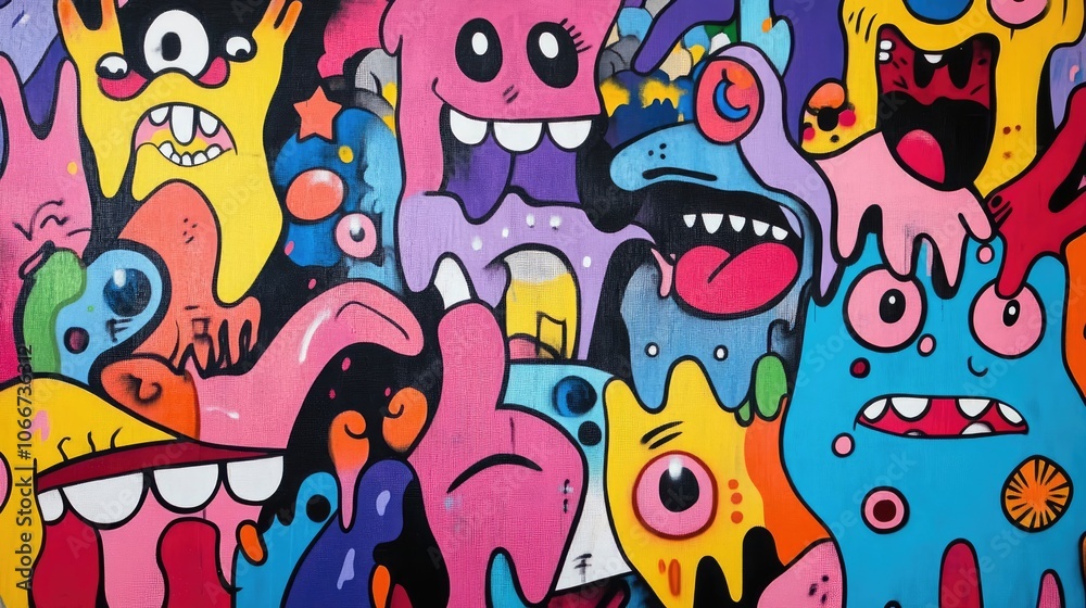 Vibrant Graffiti Art Background with Colorful Cartoon Characters and Expressive Faces