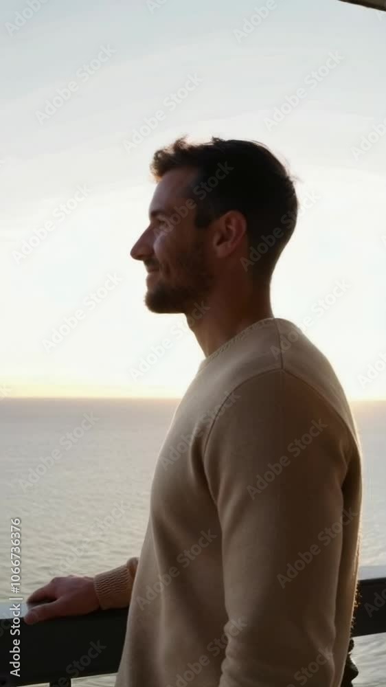 Man Enjoying Sunset View Overlooking the Ocean, Side view of a man smiling as he looks out over the ocean at sunset, standing on a balcony. Captures tranquility and contemplation.
Man Enjoying Sunset View Overlooking the Ocean, Side view of a man smiling as he looks out over the ocean at sunset, standing on a balcony. Captures tranquility and contemplation.