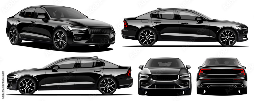 Black Realistic illustrated car sedan blueprint isolated in transparent background