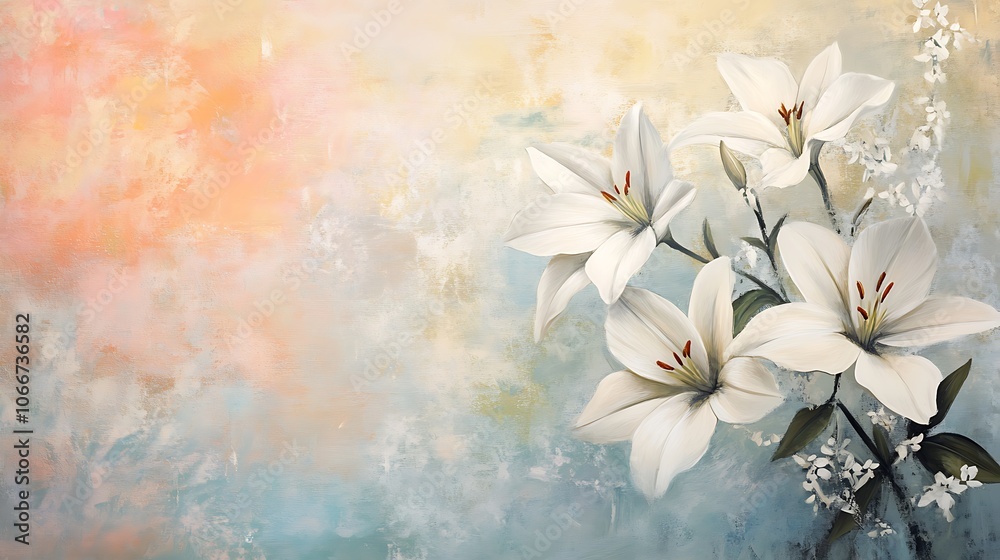 A Close-Up of White Lilies Painted on a Textured Canvas A Close-Up of White Lilies Painted on a Textured Canvas