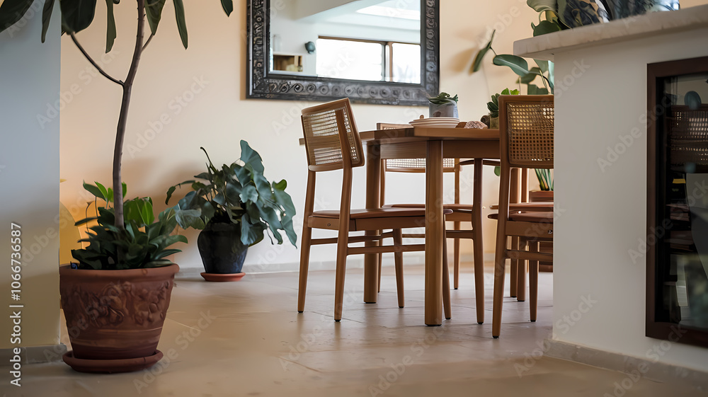 Modern dining area with a wooden table and chairs, surrounded by lush indoor plants and a large mirror, creating a warm and inviting atmosphere. Modern dining area with a wooden table and chairs, surrounded by lush indoor plants and a large mirror, creating a warm and inviting atmosphere.