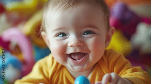 A Close-Up Portrait of a Smiling Baby in a Yellow Shirt