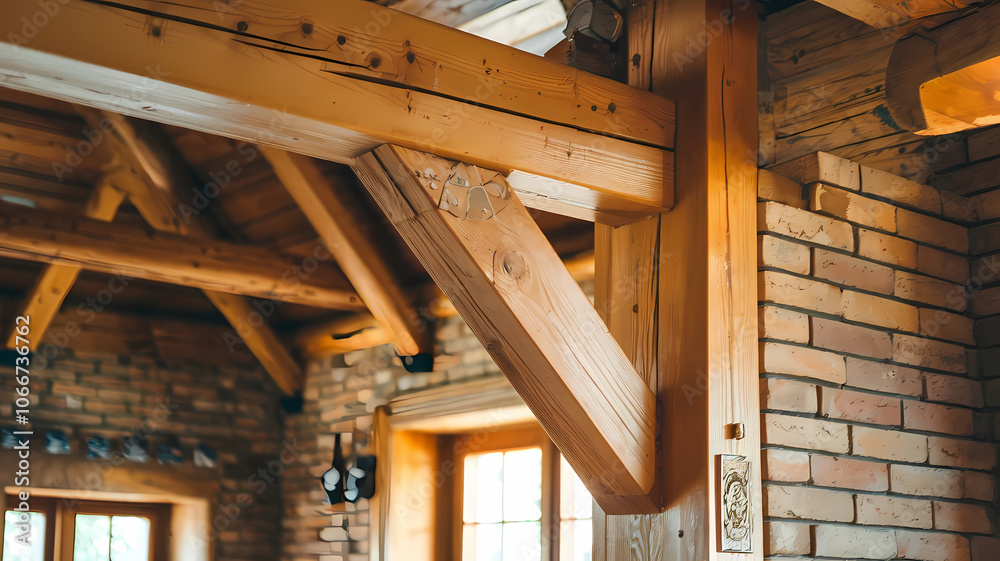 Interior view of a rustic wooden beam supporting a cozy room with brick walls, showcasing the warmth and craftsmanship of traditional architecture. Interior view of a rustic wooden beam supporting a cozy room with brick walls, showcasing the warmth and craftsmanship of traditional architecture.