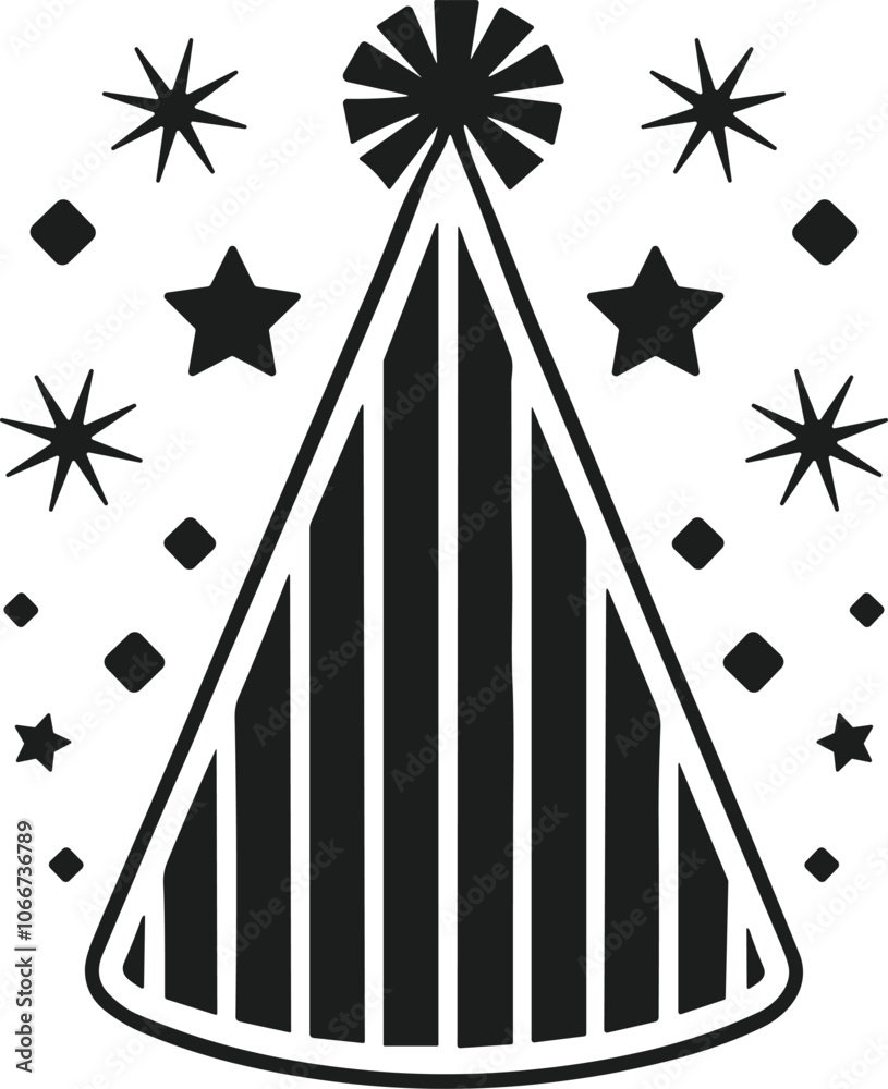 Obraz premium Festive Party Hat Vector Illustration with Striped Design and Stars