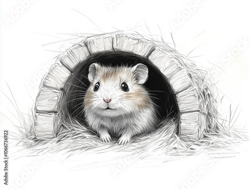Cute hamster sitting in a tunnel on hay. Hand draw sketch illustration
