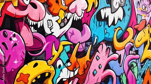 Vibrant Graffiti Art Background with Colorful Cartoon Characters and Expressive Faces