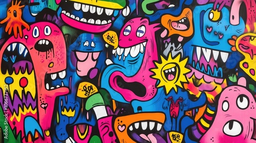 Vibrant Graffiti Art Background with Colorful Cartoon Characters and Expressive Faces