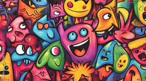 Vibrant Graffiti Art Background with Colorful Cartoon Characters and Expressive Faces