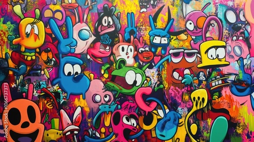 Vibrant Graffiti Art Background with Colorful Cartoon Characters and Expressive Faces