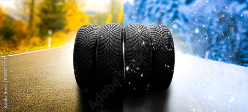Summer tires on a road winter wheel off. Change a car seasonal tyre summer forest road with trees background. Change for winter tire. Banner Selling off. Or Background automechanic