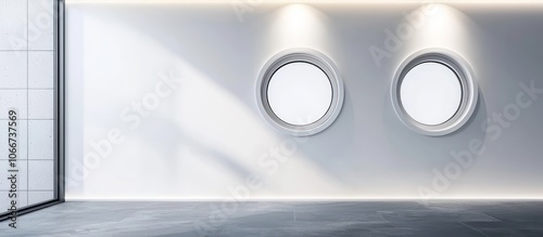 Sleek minimalist room with operable porthole windows.