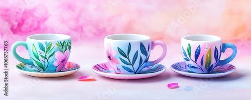 Adorable tea set, miniature size, floral patterns, watercolor style photo