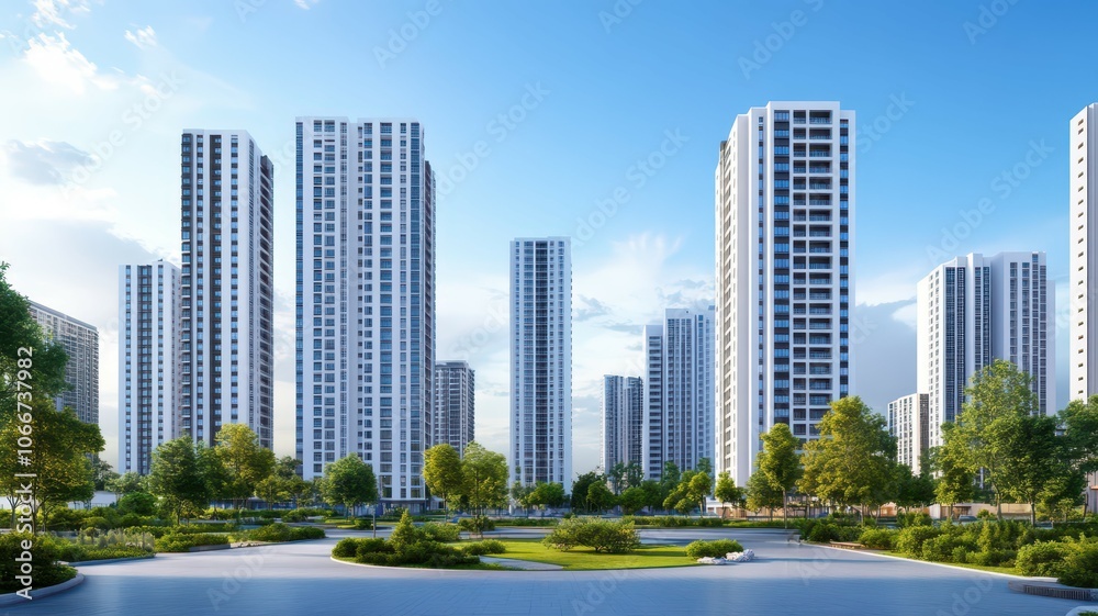 Modern high-rise residential buildings surrounded by a lush green park in an urban setting. Modern high-rise residential buildings surrounded by a lush green park in an urban setting.