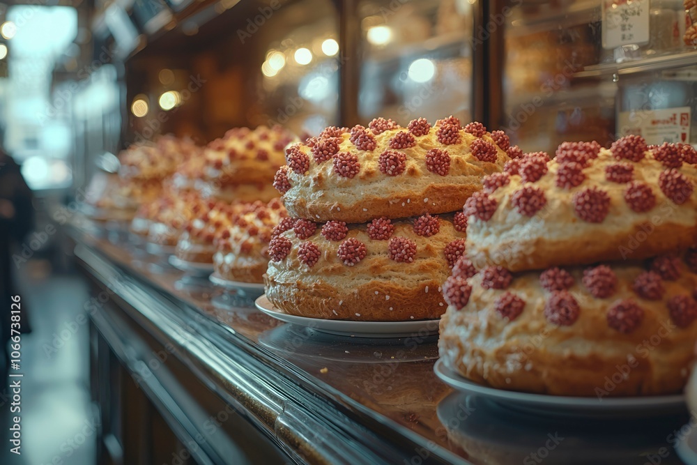 Stack of Cakes with Pink Sprinkles in a Display Case Stack of Cakes with Pink Sprinkles in a Display Case