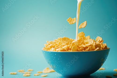 A breakfast bowl filled with cereal and milk photo