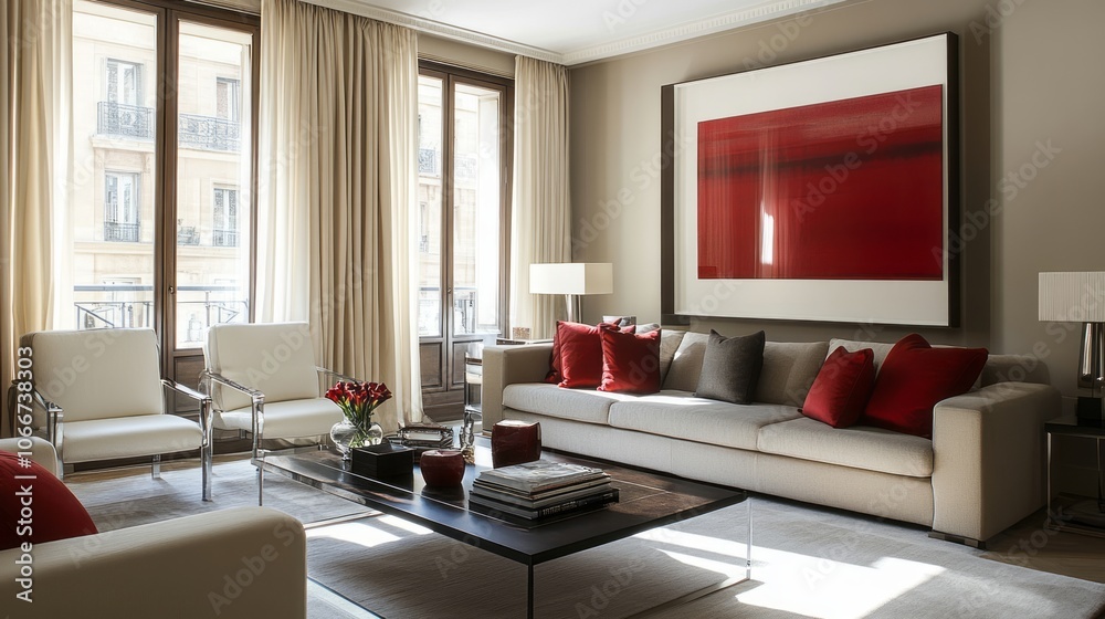 Modern Living Room with Large Red Abstract Painting and City Views Modern Living Room with Large Red Abstract Painting and City Views