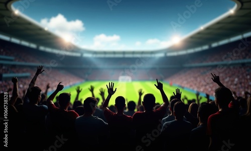 Fans cheer passionately in a crowded stadium, hands raised, celebrating the excitement of a live soccer match under bright, clear skies