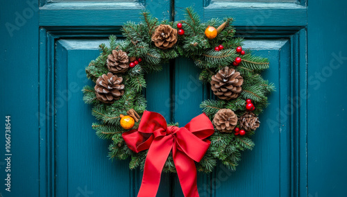 A wreath with pine cones and berries is hanging on a blue door. The wreath is red and green, and it has a red ribbon. The wreath is a festive decoration for the holiday season