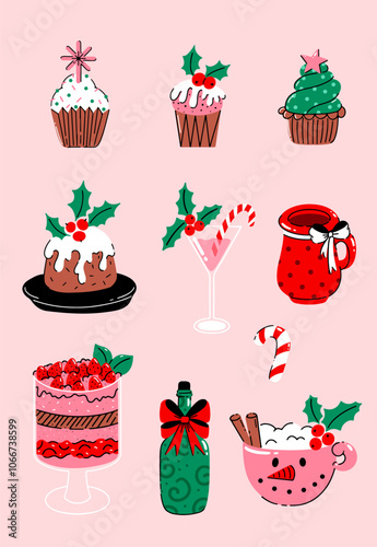 Vector set of Christmas food and drinks with Christmas cake, cacao, dessert, cupcake, cocktail, and candy cane isolated on the background. Hand drawn holiday elements
