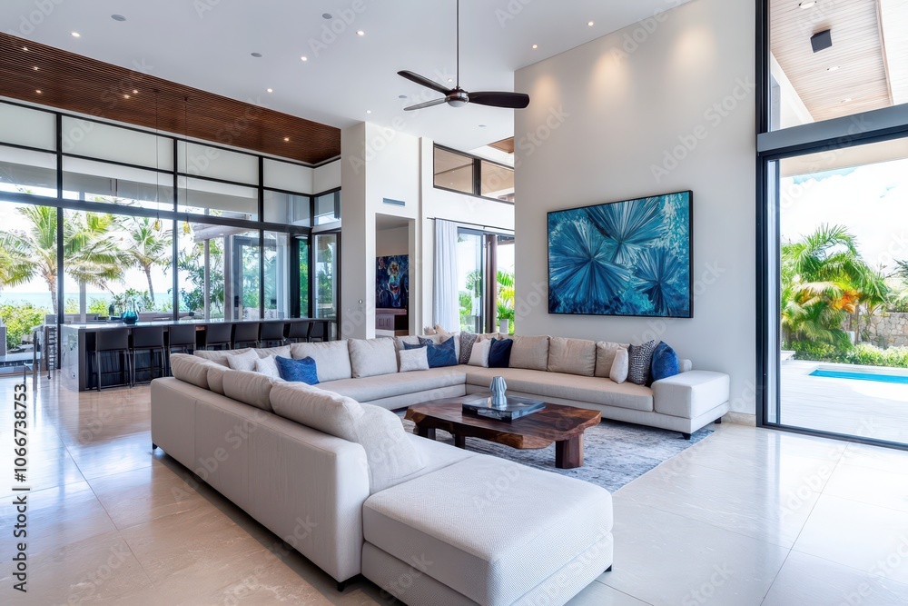 Fototapeta premium Spacious open plan living area featuring a stylish sectional sofa and contemporary art decor.