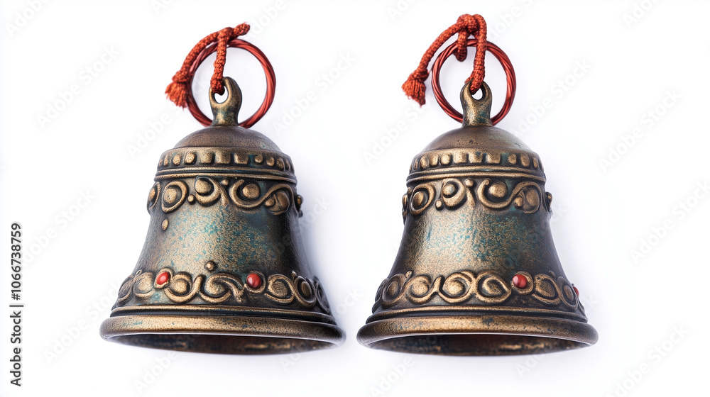Two bronze Christmas bells with ornaments, isolated on a white background Two bronze Christmas bells with ornaments, isolated on a white background