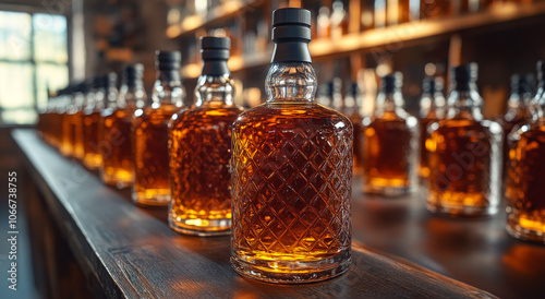 A row of liquor bottles are lined up on a wooden counter. The bottles are all different sizes and shapes, but they all have a similar design. The scene gives off a warm and inviting atmosphere