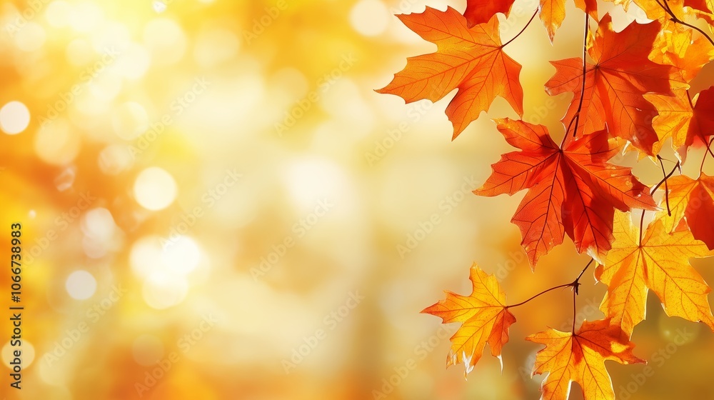 Autumn leaves in vibrant orange hang against a warm golden backdrop during a peaceful fall afternoon in nature