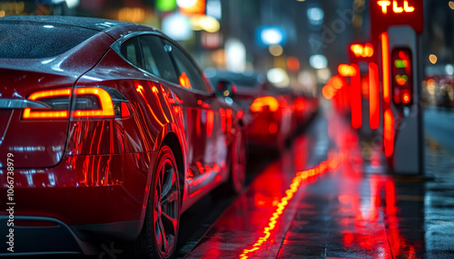 A red car is parked in a parking lot. The car is surrounded by other cars, and the parking lot is wet from rain. The scene has a moody and somewhat melancholic feel, as the rain